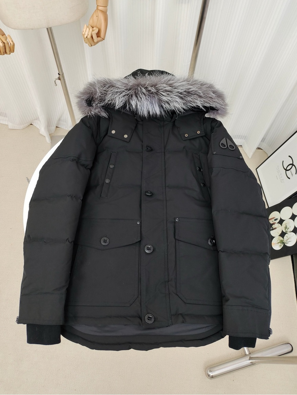 Moose Knuckles Black Men's Down Puffer Jacket with Gray Fur Trim